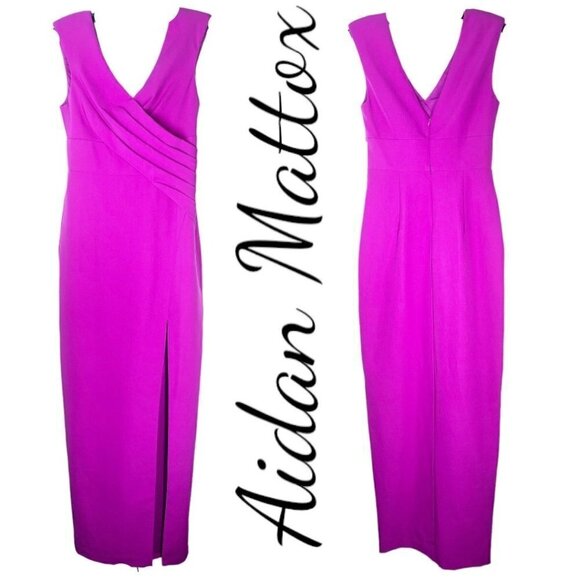 NWT AIDAN MATTOX Draped Sheath Evening Gown Fuchsia Magenta V-Neck, Size 2 - Picture 3 of 14